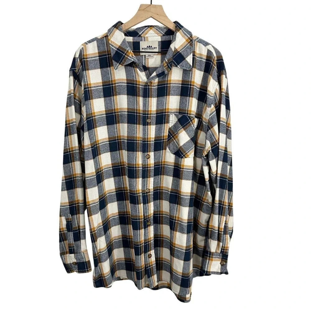 Northeast Outfitters Plaid Button Up Flannel Long Sleeve Top Blue Yellow 2XL‎